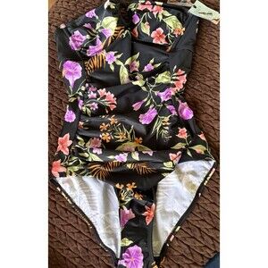 Shade and Shore black w/ Flowers Strapless swimsuit small